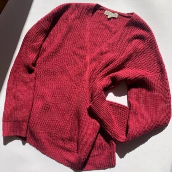 Long Sleeve Cable Knit Fuchsia Pink Wrap V Neck Sweater Ribbed Hems Women's XL - Picture 14 of 14